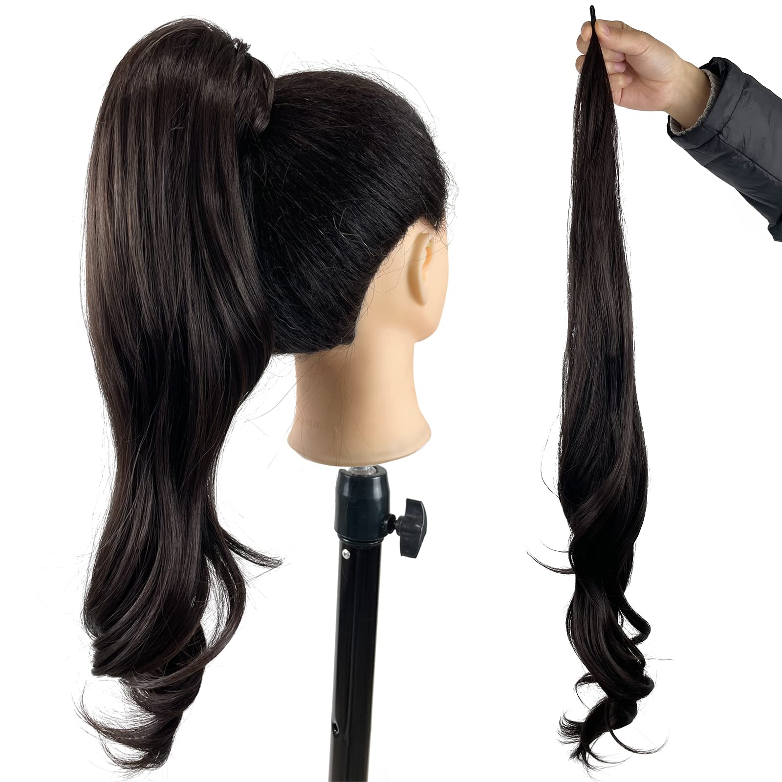 Dark Brown Ponytail Extension 4# Long Wavy Fake Ponytail 32 Inch Curly Flexible Wrap Around Ponytail Hair Extensions Synthetic Pony Tails Hair Extension Color 4 Brown Hair Pieces For Women Daily Use (32 inch, #4)