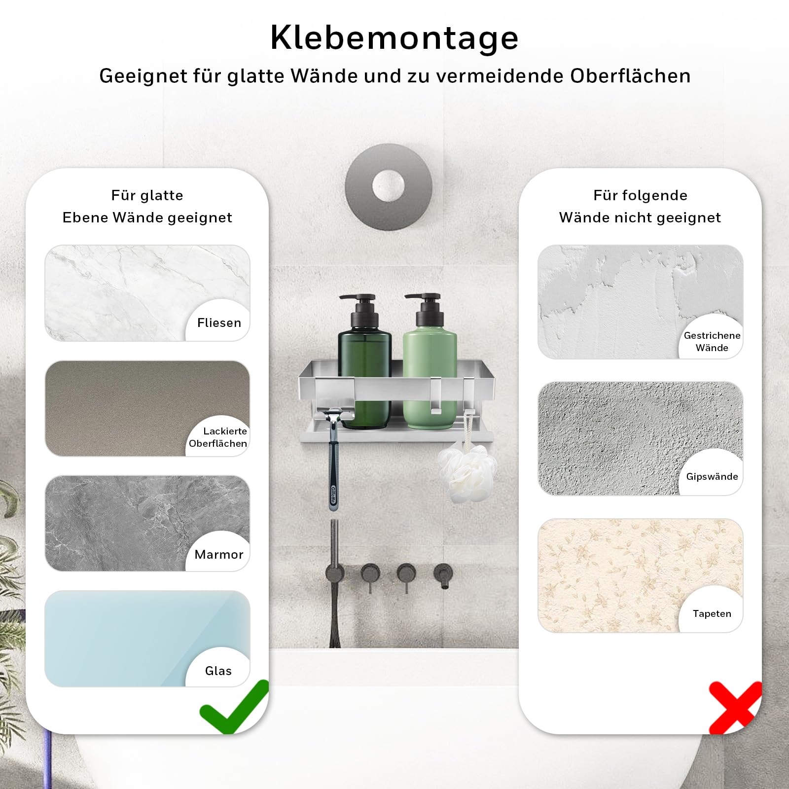 Duschablage ohne Bohren – Badregal 23 x 10 x 8 cm mit 2 Haken und Rasiererhalter, 2 Montagemöglichkeiten, Edelstahlablage für Küche, Bad und Waschbecken, Silber