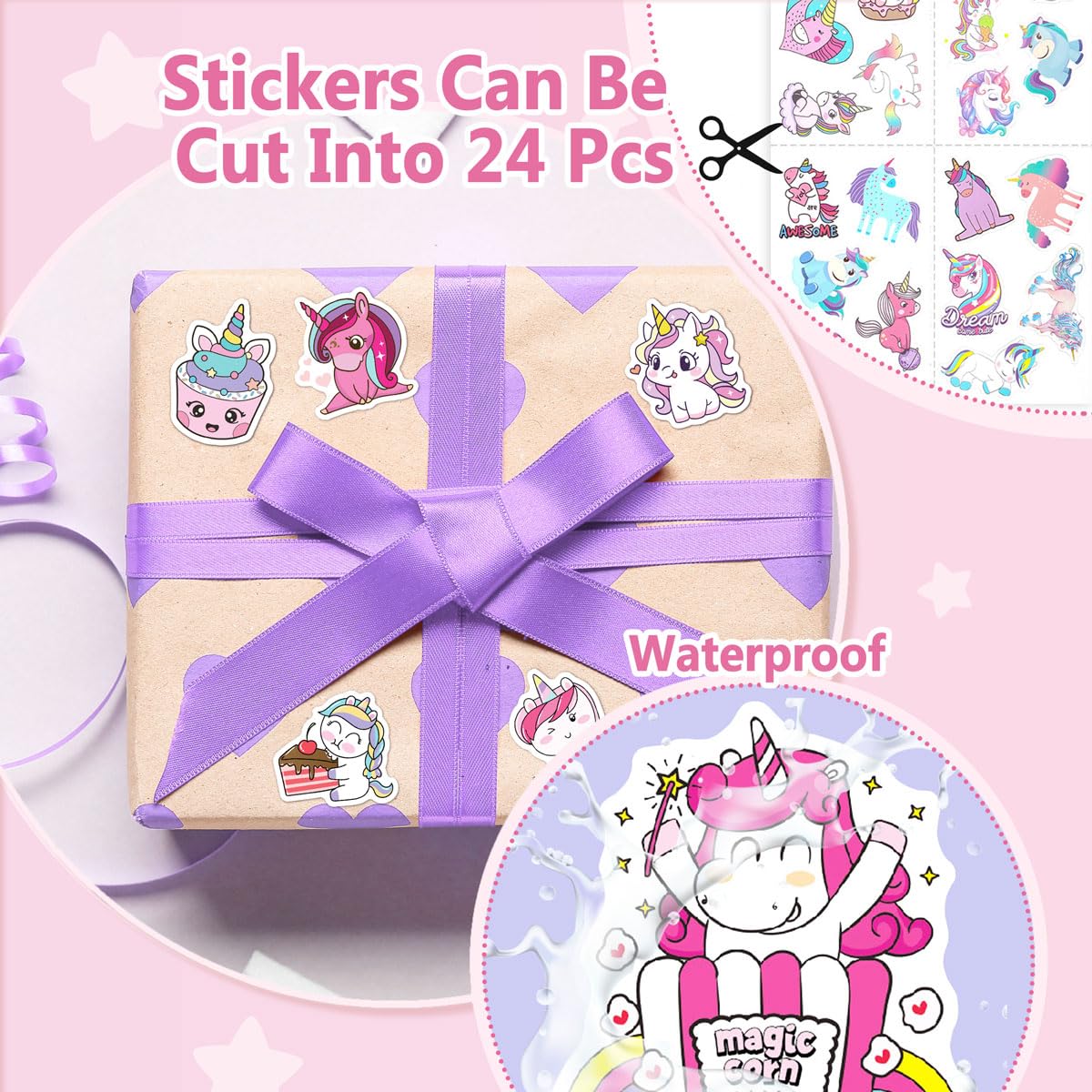 momoake Unicorns Party Favor Bags, 24 PCS Goodie Bgs with 120 Waterproof Vnyl Stickers for Kids Unicorns Birthday Decorations