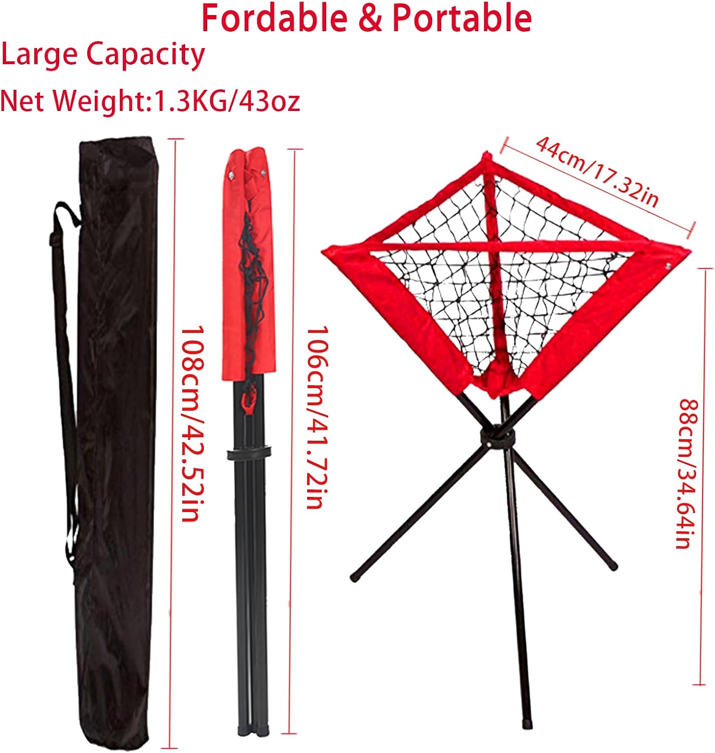 Portable Baseball Training Net, Collapsible Ball Return Net with Carry Bag, Red and Black