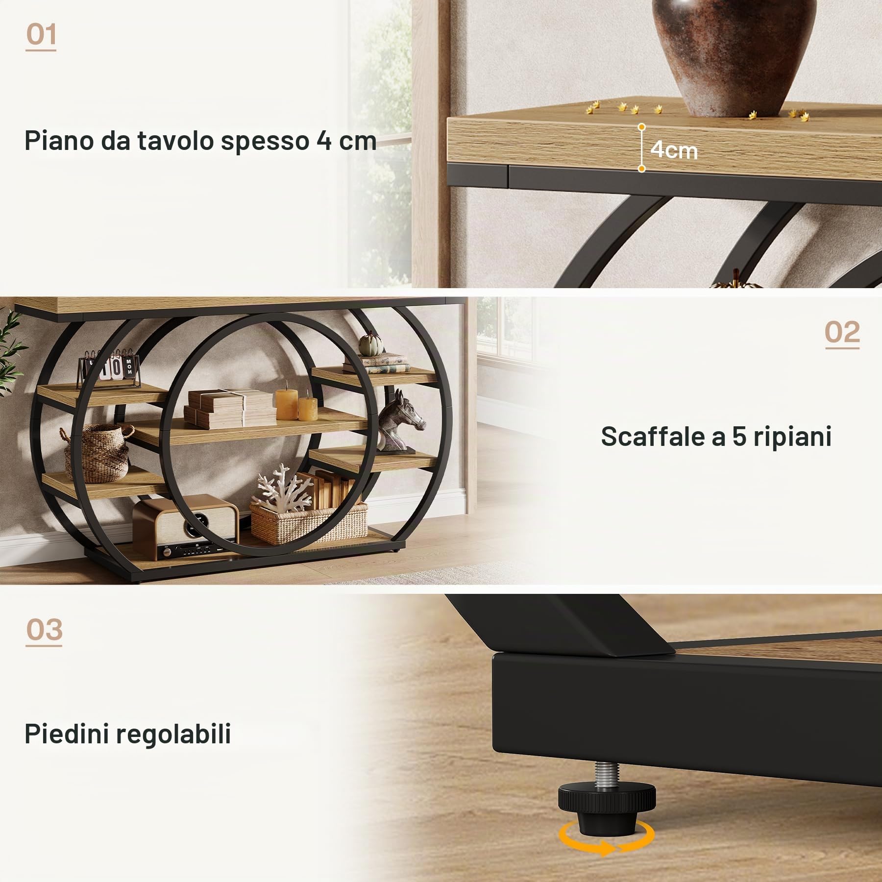 Tribesigns Tavolo consolle con base circolare, tavolo da ingresso stretto, 120 x 30 x 80 cm, scaffale portaoggetti a 4 livelli, fattoria industriale, corridoio, tavolo da divano, rustico