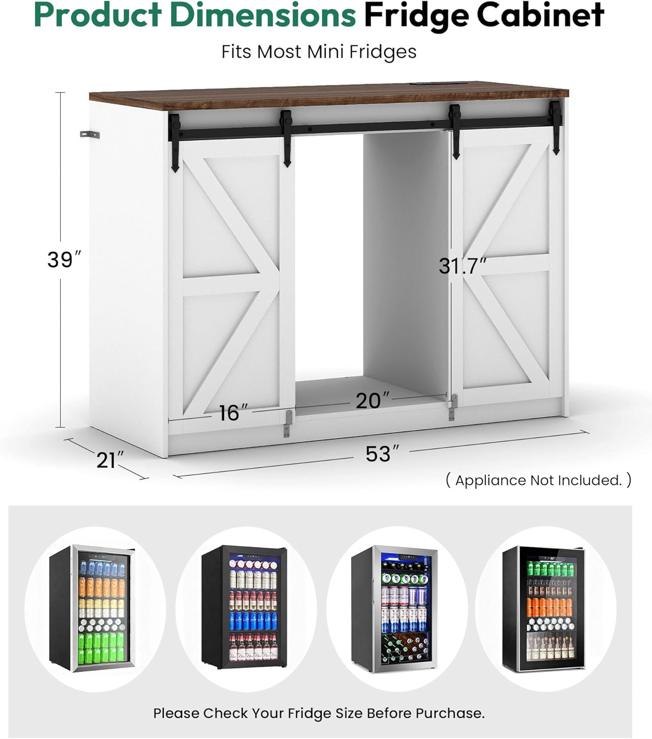 Lamtor Coffee Bar Cabinet with Storage - 53" Farmhouse Coffee Bar with Barn Doors, Mini Fridge Cabinet with Power Outlet for Kitchen Dining Room Living Room, White