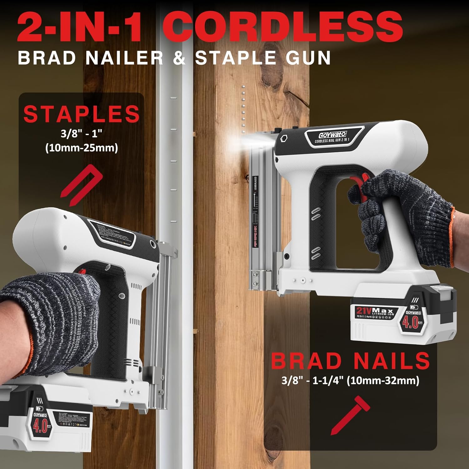 21V Cordless Nail Gun - 18 Gauge 2 in 1 Battery Powered Electric Brad Nailer with 2 x 4.0Ah Batteries & Charger & 1000 Nails & 1000 Staples for DIY & Home Improvement & Wood Working