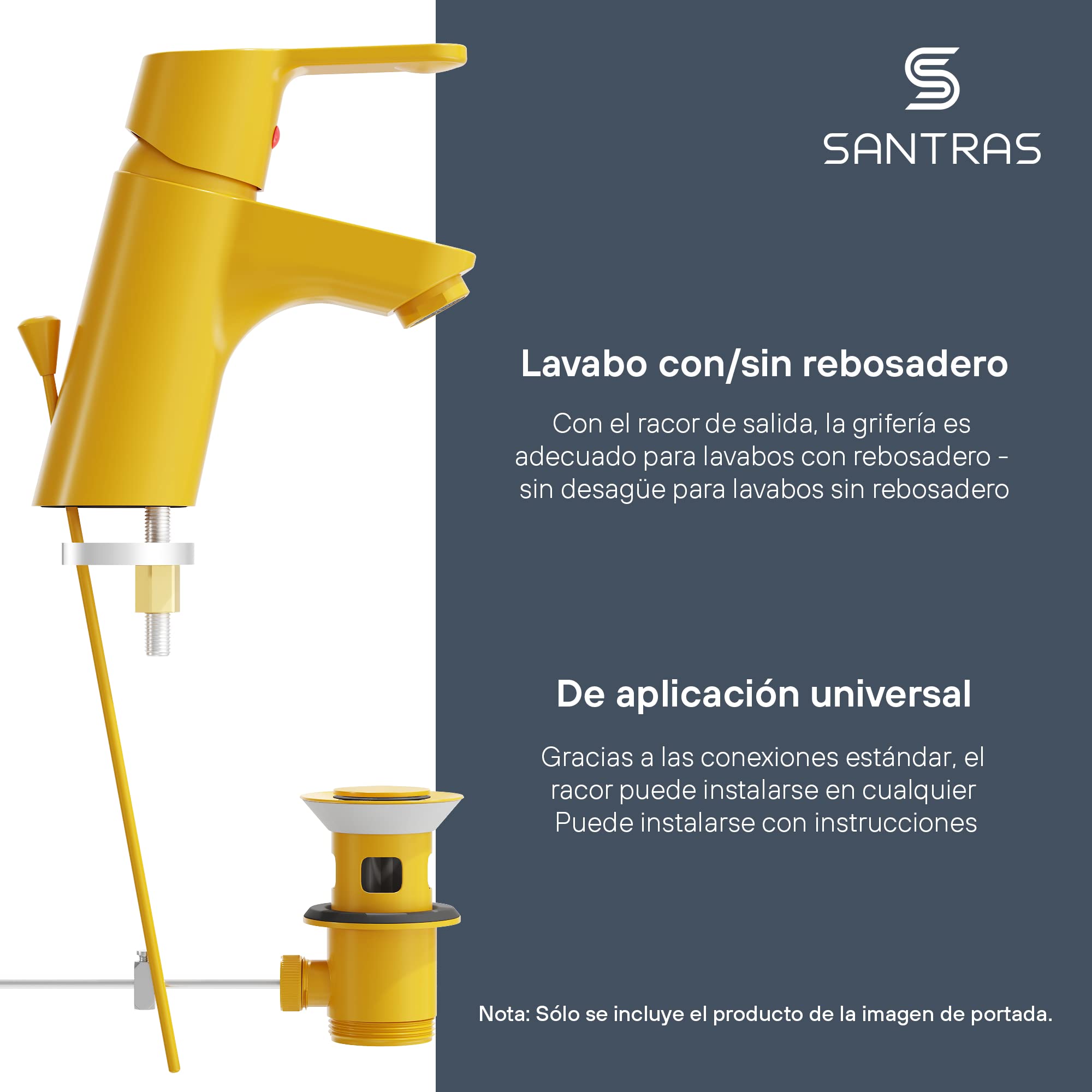 SANTRAS® Grifo de Lavabo, Grifo de Fregadero Monomando Pared, para el baño con barra de tracción, color amarillo, caliente y frío para un agujero de lavabo, fabricado en Alemania