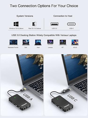 Miniatura 4 de QGeeM Estación de acoplamiento USB 3.0, concentrador USB de triple pantalla, monitor doble, estación de acoplamiento USB C para laptop compatible