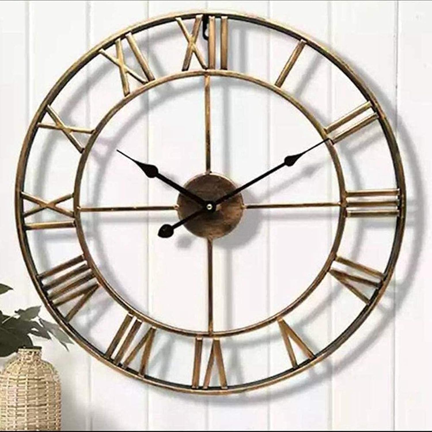 Outdoor Garden Wall Clock, Large Retro Roman Numerals Garden Clock Open Face Wrought Iron Waterproof Outdoor Clock Indoor Outdoor Decoration Outside Clock Mute Quartz Wall Clock,Go