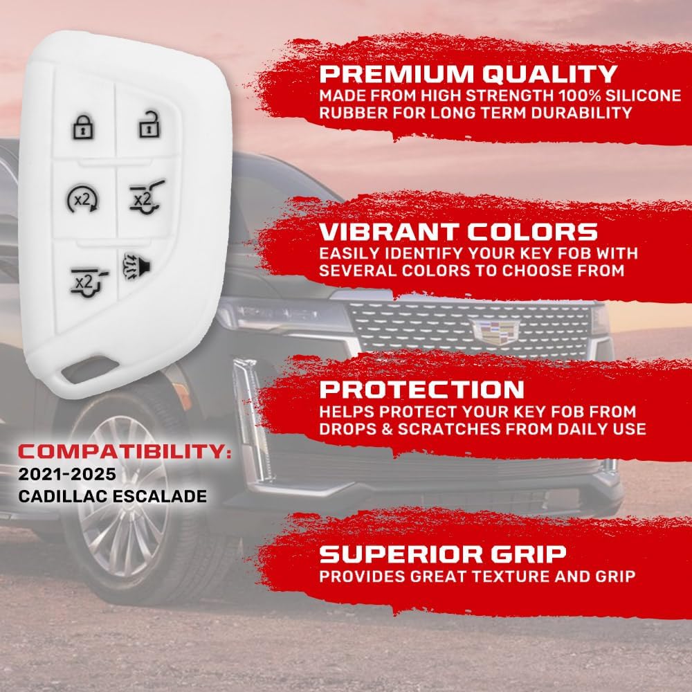 RECON Fits Cadillac 21-25 Escalade 100% Silicone Rubber Rugged Key Fob Protection Cover Premium Quality 6 Button (White)