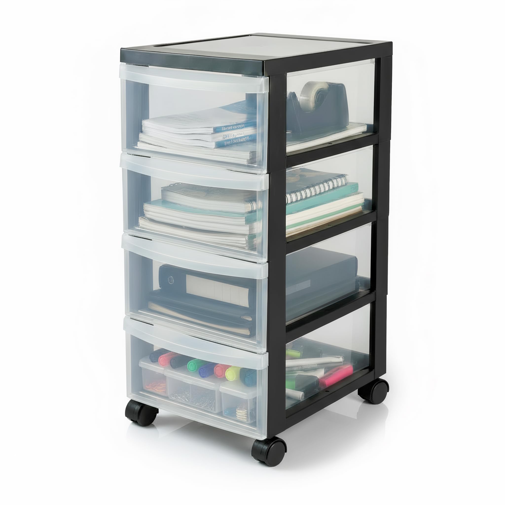 Iris Ohyama Kunststoff-Schubladenbox mit Rollen, 4 flachen Schubladen, Schwarz, Griffe zum Ziehen, Für Schlafzimmer, Bad, Schule & Büro, BPA-frei, Schubladenschrank, Rollcontainer, A4 Drawer, DC-004