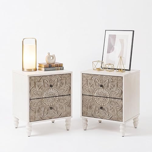 Miniatura 12 de SUNBURY Mesa auxiliar para sala de estar, mesa lateral pequeña con 3 cajones, mesita de noche vintage, elegante mesita de noche pequeña cómoda para