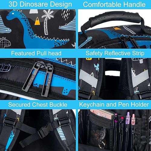 Vista 6 de gxtvo Mochila de dinosaurio para niños, 3 unidades, 16 pulgadas, preescolar, primaria, con lonchera
