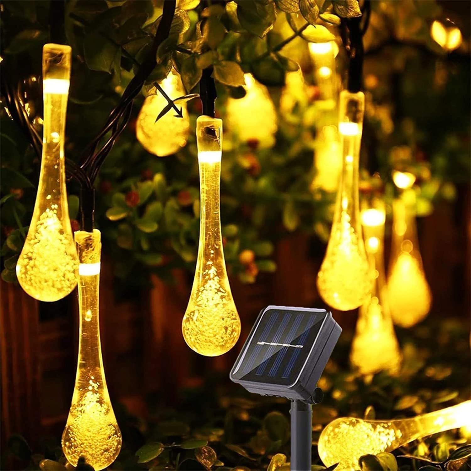 SHANJIA Outdoor Solar String Lights, 5m 20 LED Waterdrop Outdoor Fairy String Lights, 8 Lighting Modes, for Fence Yard Summer Party Wedding Decoration (Yellow) — image 1