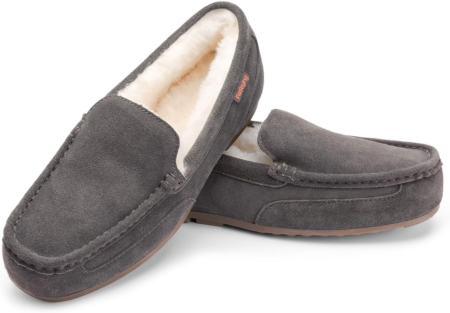 Parfeying Men's Indoor Outdoor Sheepskin Moccasins Slippers Memory Foam Driving Style Shoes