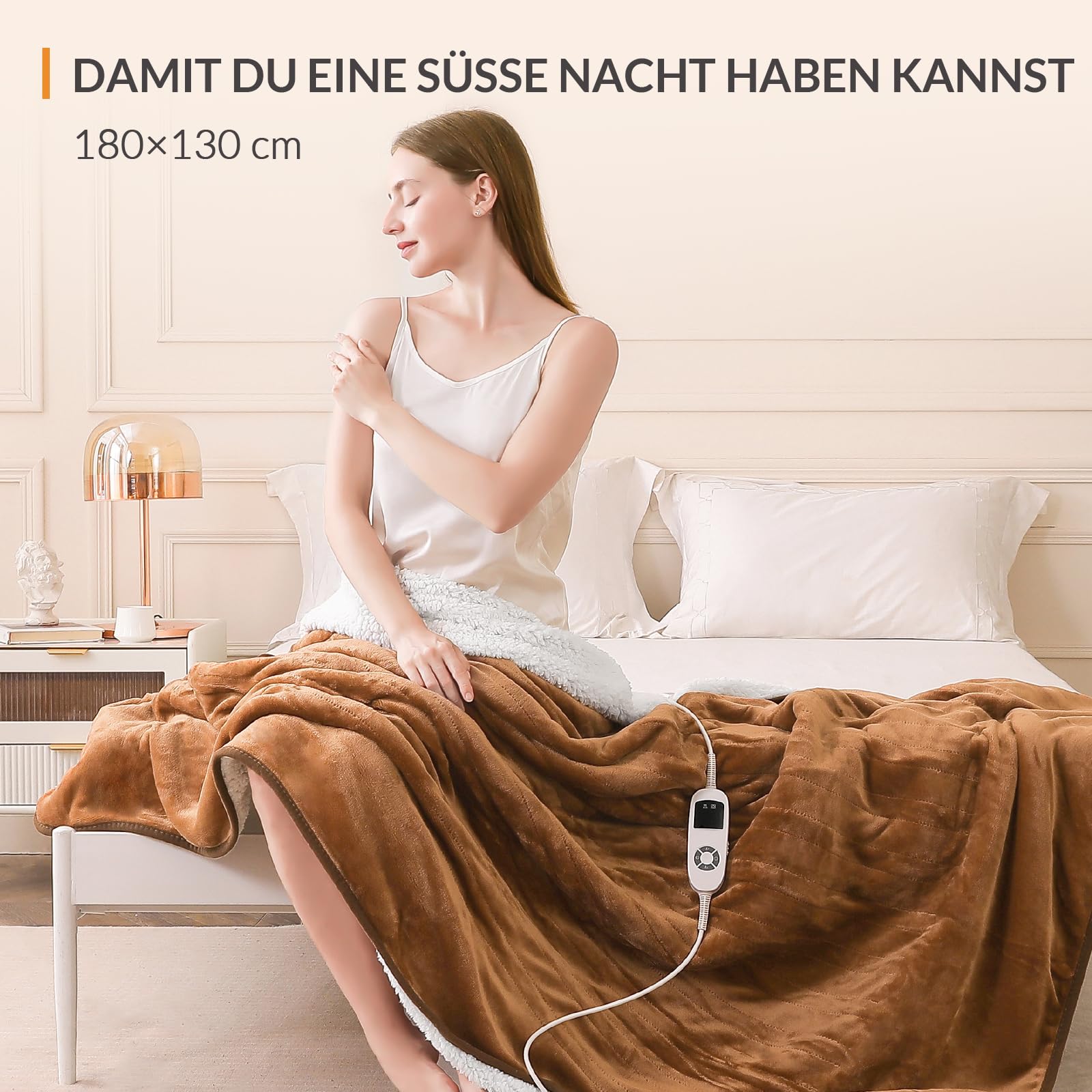 HOMLYNS Elektrische Heizdecke mit Abschaltautomatik - 180×130cm Flanell & Sherpa - Wärmedecke Heizdecke, 9 Temperaturstufen & 9 Stunden Zeiteinstellungen, Auto-Off & LED-Anzeige, Waschmaschine, Braun