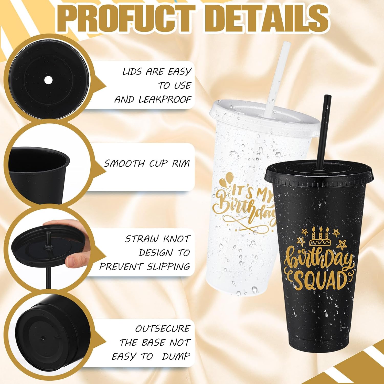Birthday Party Tumblers 24 oz Squad Plastic Tumblers with Lid and Straw for 20th 30th 40th 50th 60th Birthday Decorations Favor for Women Adults (White,Black,6 Pcs) - Image 3