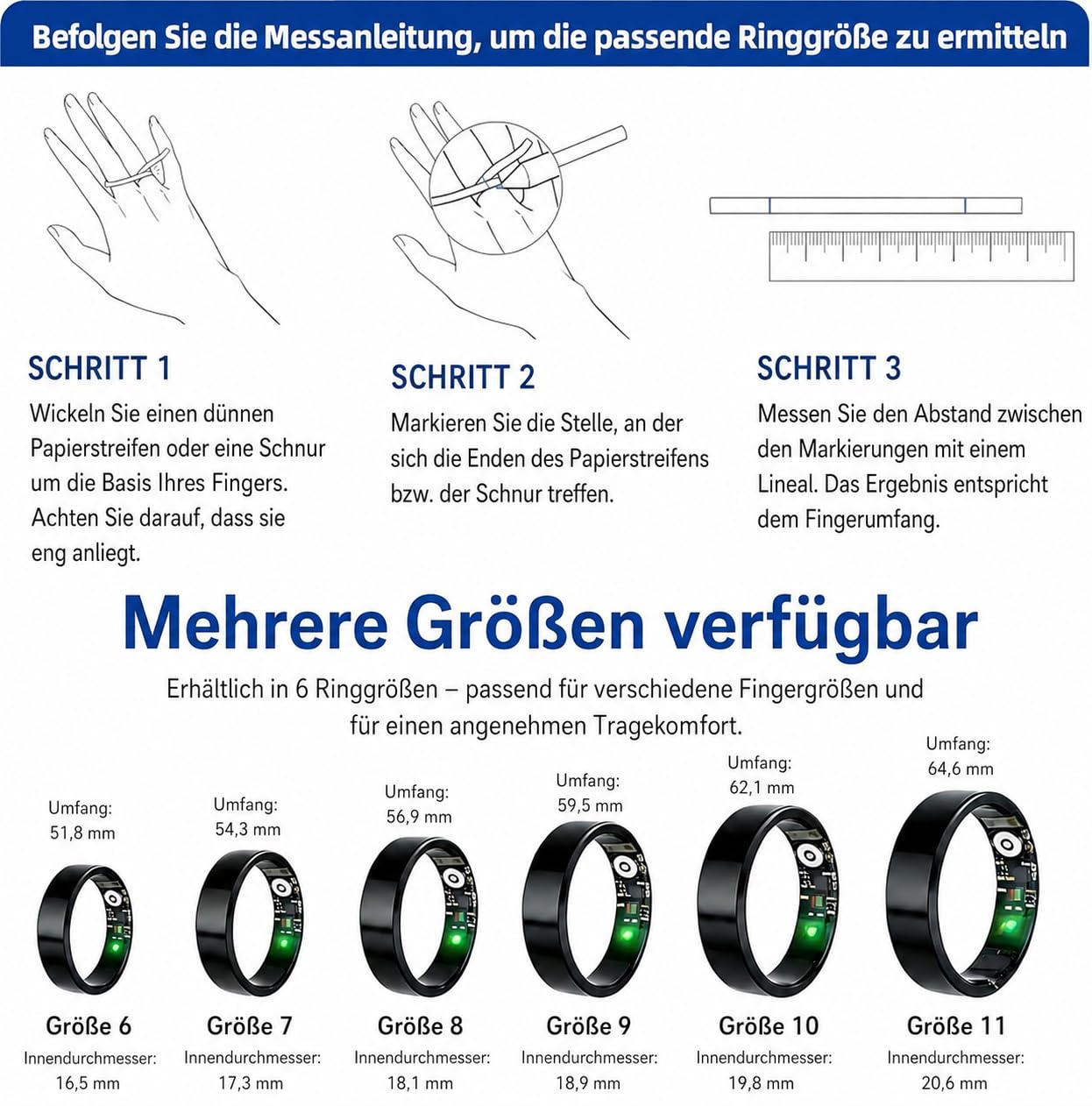 Smart Ring für Damen Herren, Fitness Tracking Ring mit Herzfrequenz, Schlafüberwachung, Schrittzählung für iOS und Android, Keine Abonnementgebühr, IP68 wasserdicht(Schwarz, 9)