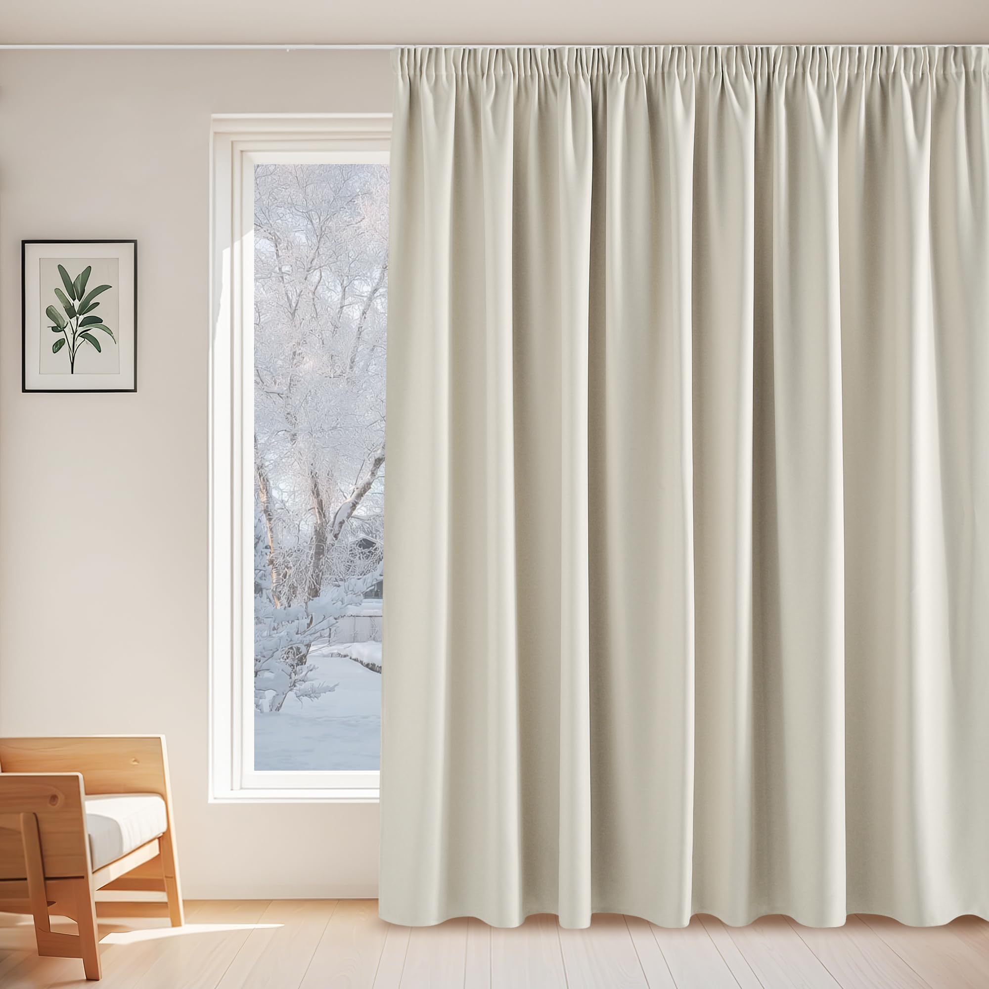 PONY DANCE Curtains 3 Metres with Hooks for Rails, Thermal Blackout Window Curtains for Living Room/Bedroom 1 Panel, 300 x 245 cm, Light Beige Global Recycled Standard OEKO-TEX STANDARD 100 Global Recycled Standard Global Recycled Standard