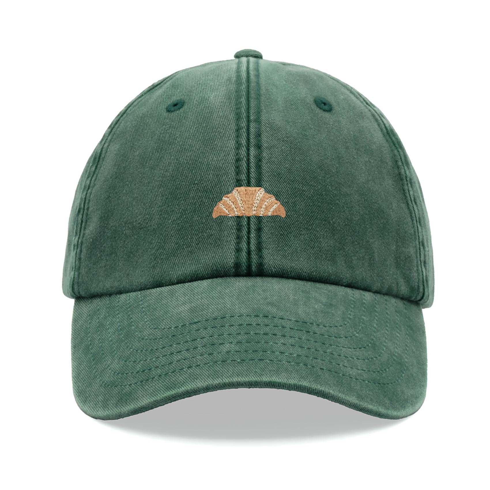 Croissant Baseball Cap Vintage Washed Unisex Dad Hat Adjustable Bottle Green