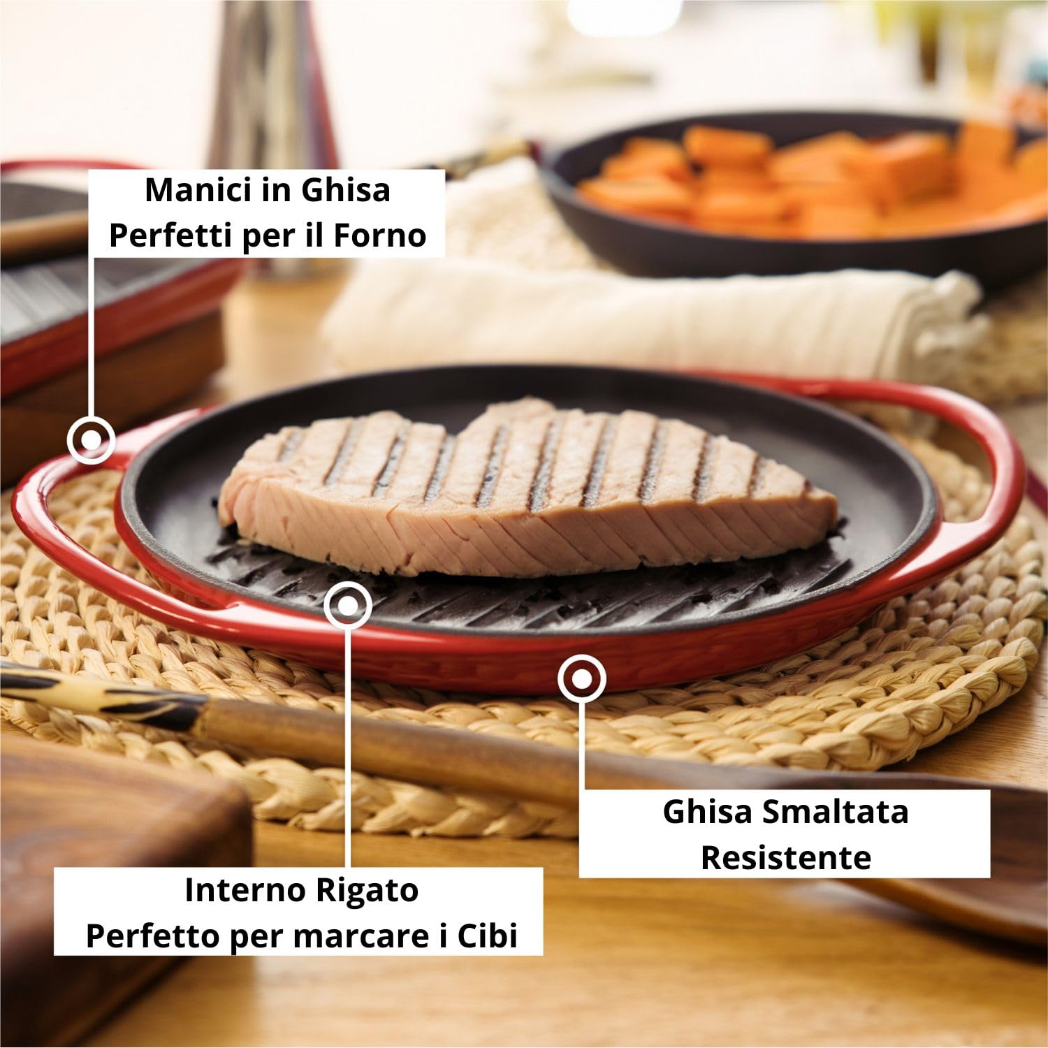 Bistecchiera Antiaderente In Ghisa Smaltata Lätt Home – Rettangolare 39,5x22x3,5 Cm, Adatta A Induzione, Gas, Elettrico E Forno, Per Carne, Pesce E Verdure