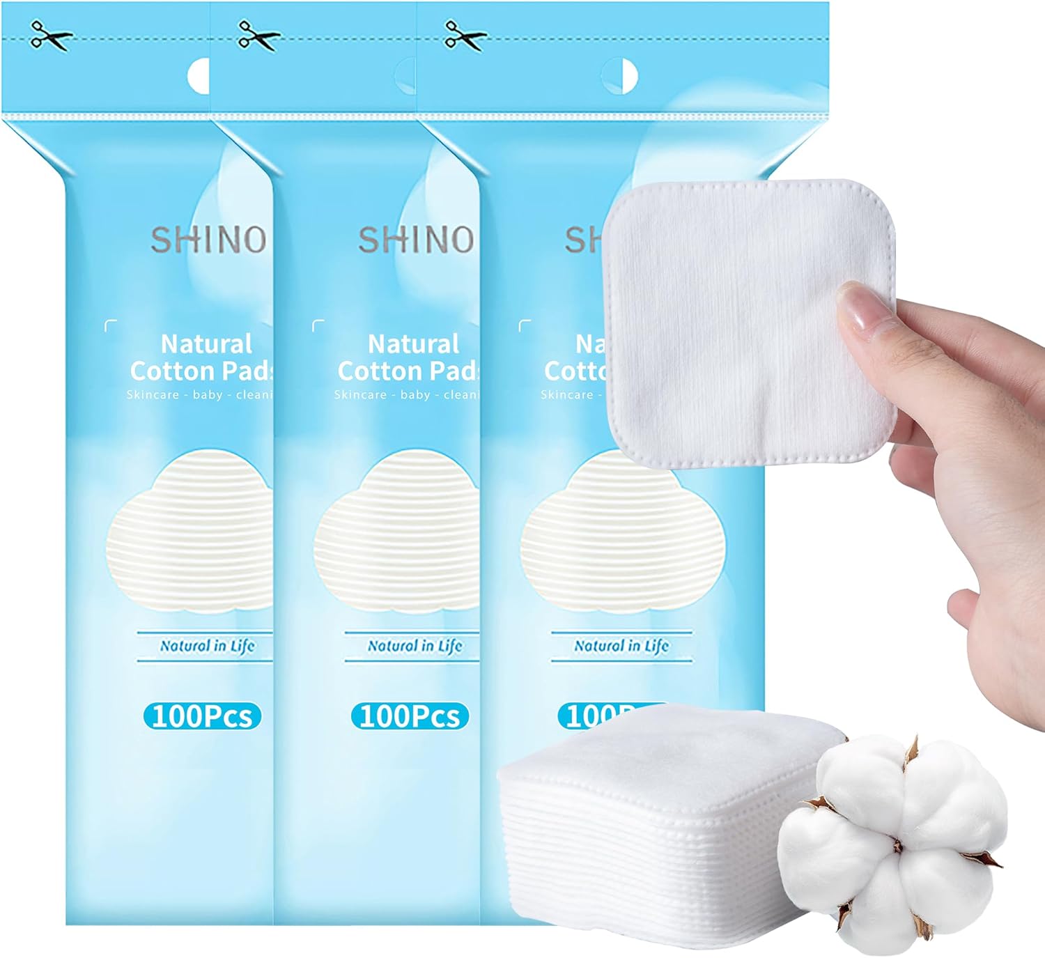 SHINO Natural Square Cotton Pads, Biodegradable Pads, Makeup Remover Pads for Sensitive Skin – Beauty, Personal Care, Baby Care & Daily Cosmetics (3 Pack)
