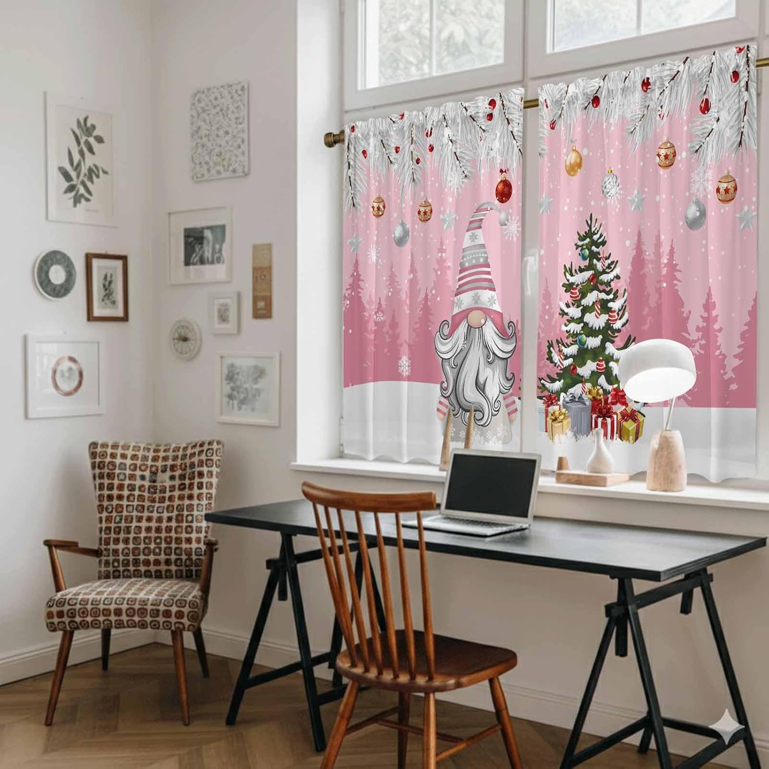 Pink Gnomes Christmas Kitchen Tier Curtains 45 Inch Long 2 Panel Set,Rod Pocket Short Window Treatment,Snowflake Xmas Tree Gifts Winter Curtains & Drapes for Bathroom Basement 27.5"W x 45"L