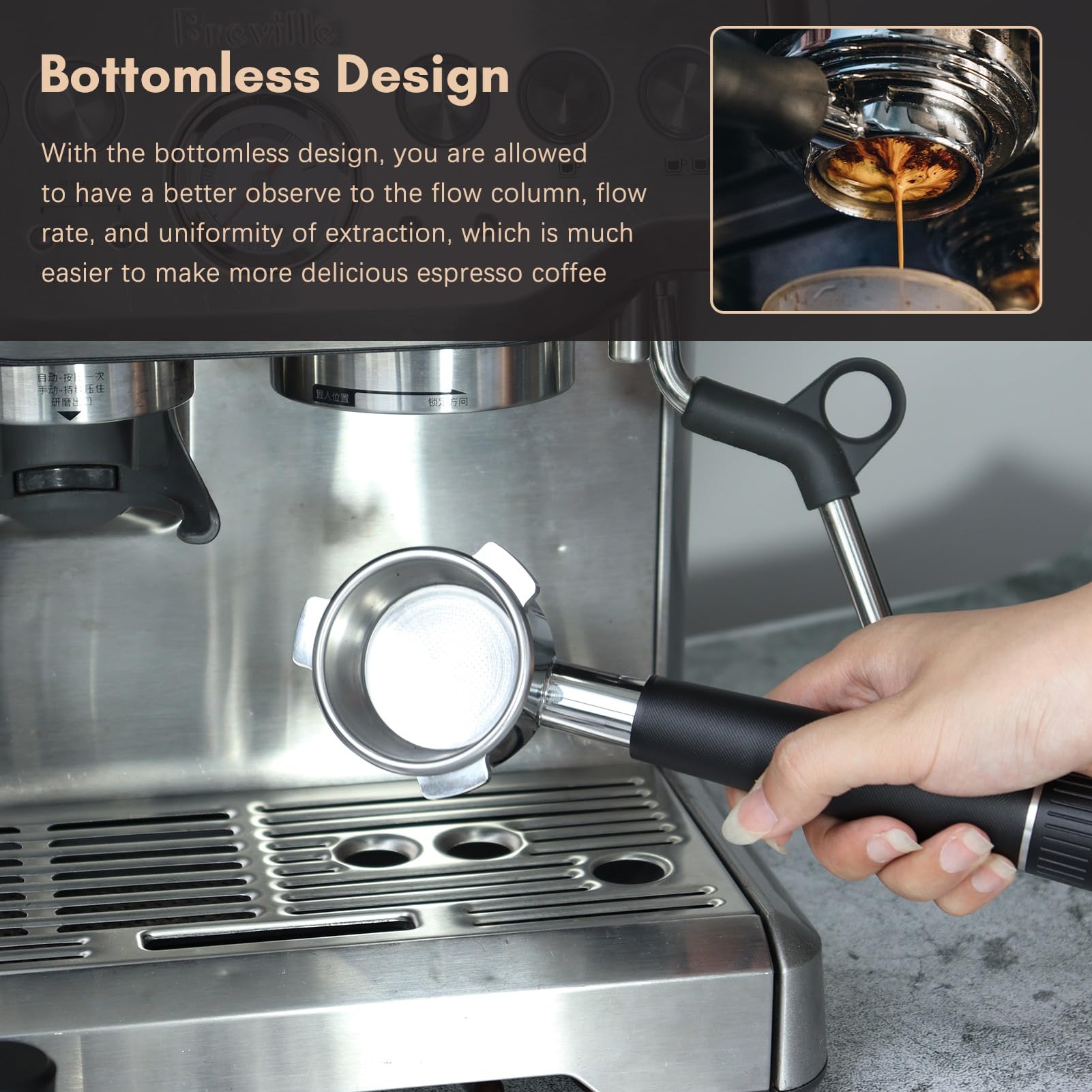 Kavolet Portacoladores sin suelo de 54 mm, portafiltros de café con 3 orejas sin fondo con mango de aleación y cabeza de acero inoxidable, compatible con cafetera Breville870/875/878/880
