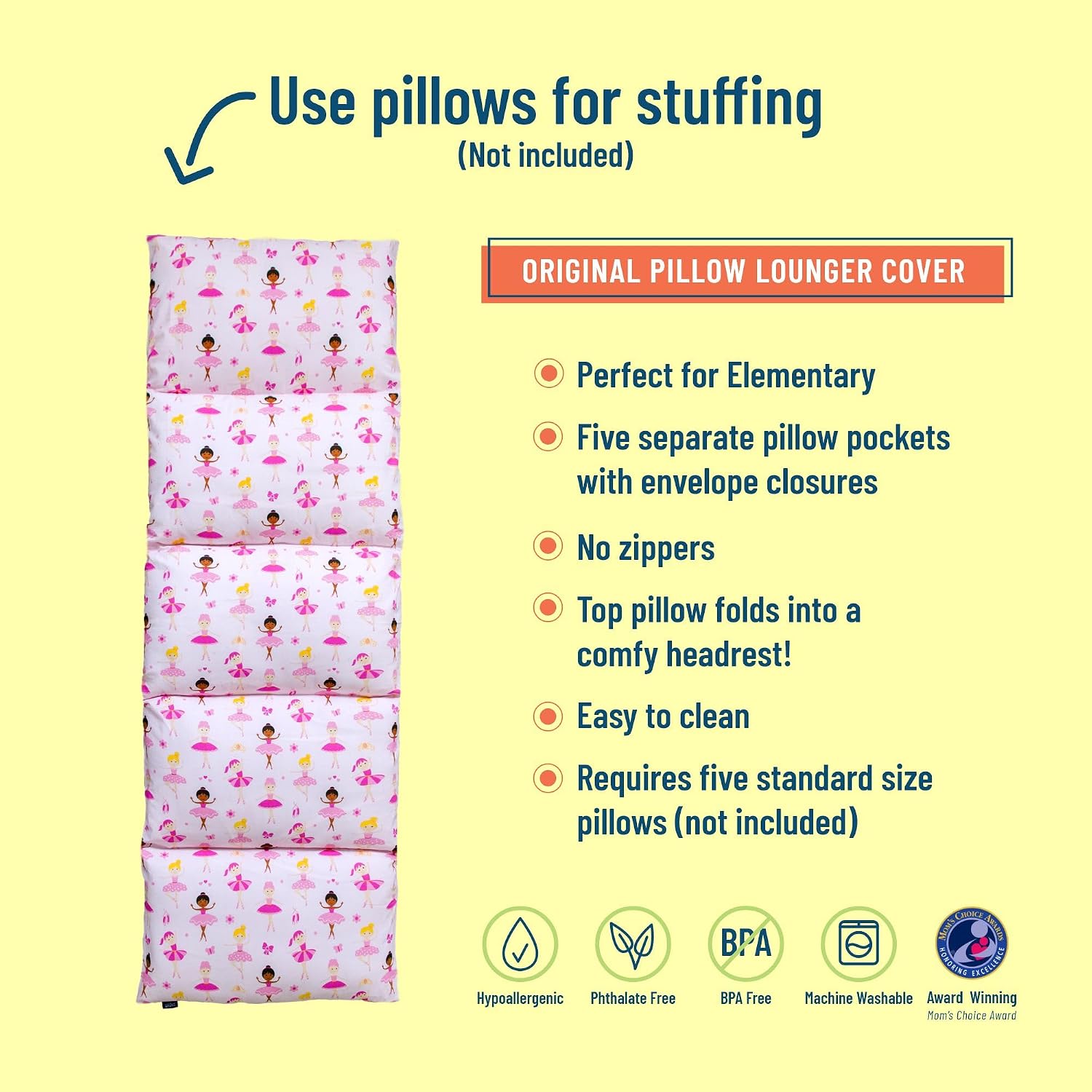 Wildkin Kids Pillowcase Lounger Cover – Travel-Friendly Sleepover Lounger, Fits Standard Pillows (Pillows Not Included), Soft Cotton Blend, Fun Patterns for Boys & Girls - Ballerina