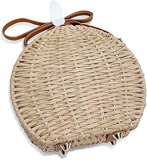 QTKJ Handwoven Round Rattan Box Straw Bag for Women, Summer Beach Retro Straw Bag Leather Shoulder Bag Crossbody Bag (Khaki)