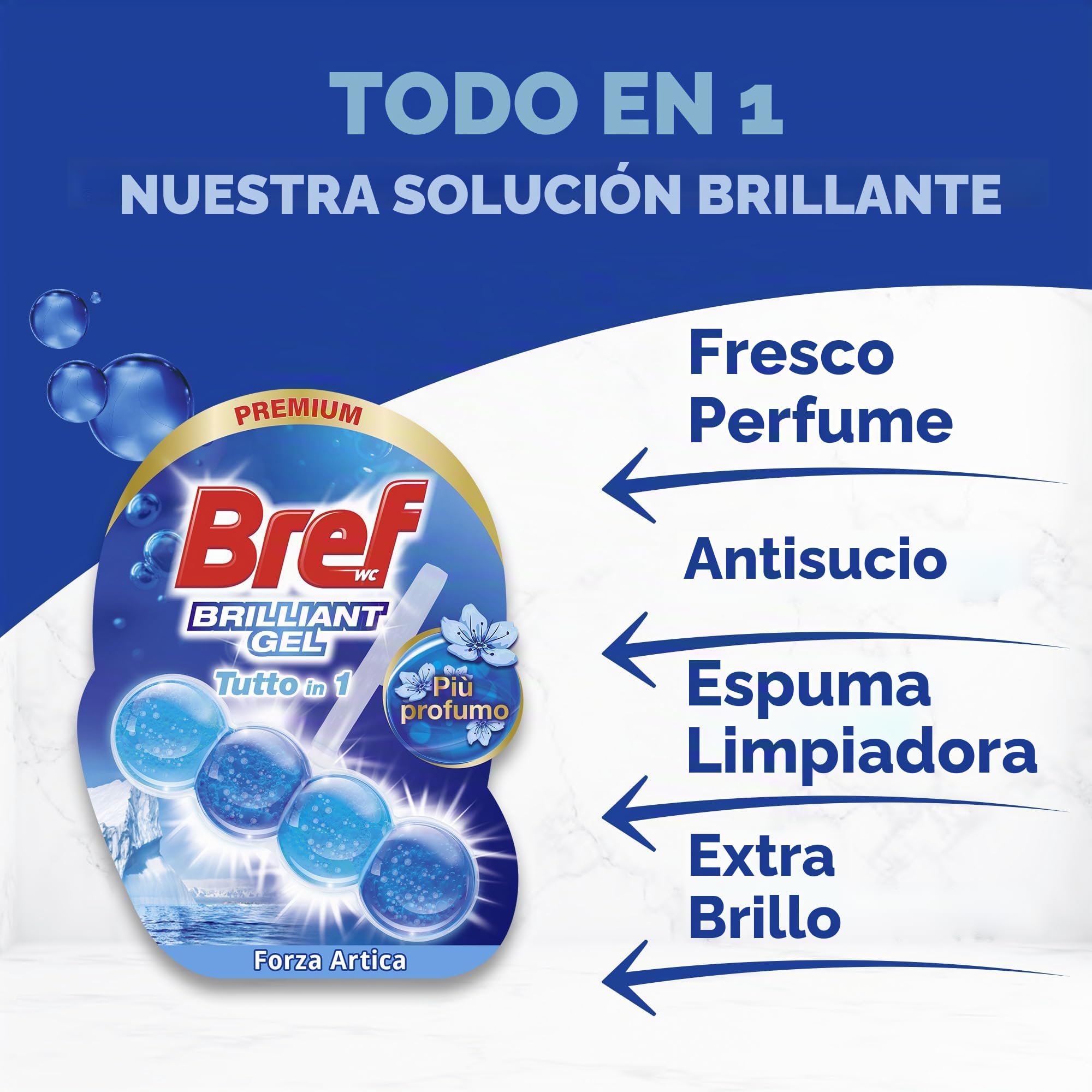 Bref Gel Brillante Océano Ártico Todo en 1 (pack de 11 unidades), cesta en gel para una limpieza completa,colgadores WC para la limpieza del baño, frescor duradero y brillo radiante