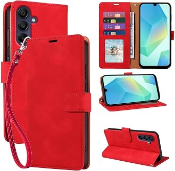 Wallet Case for Samsung Galaxy A16 6.7 inch, RFID Blocking 4 Card Slots Holder, Wrist Strap, Shockproof Protective Stand Soft Leather Folio Flip Phone Cover Red