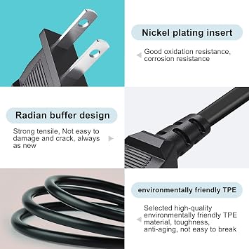 10Ft 2 Prong AC Power Cord Plug for ONN. 100008734 100008736, ONN TV, JBL Boombox 3 III Portable Speaker, PartyBox Club 120/Stage 320/PartyBox 110 310 710 520 1000/PartyBox Encore Essential Charger