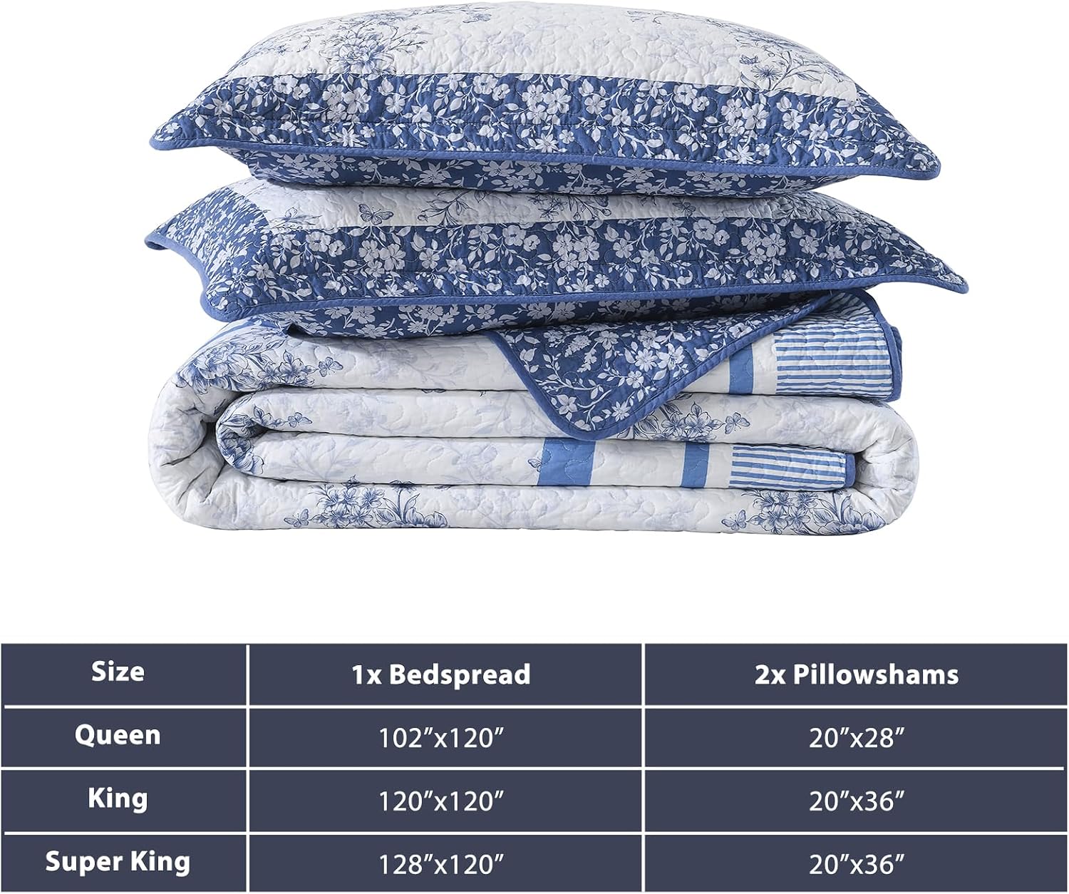 Lightweight 128"x120" Oversized King Bedspread, 100% Cotton Oversized King Quilt, Vintage Floral Quilted Bedspreads Coverlet Set, White/Blue, 3 Pcs