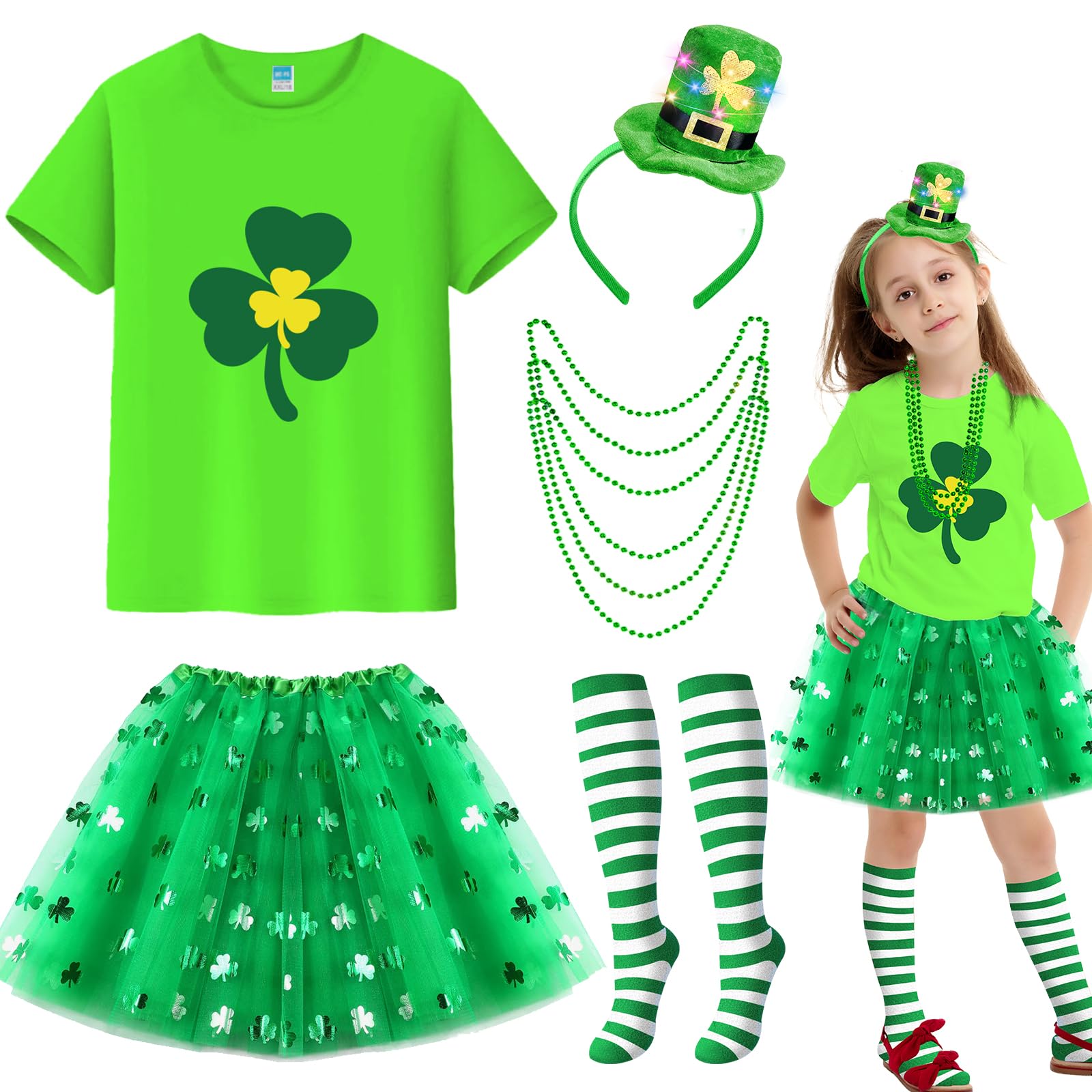 CAMDUCKSt Patrick's Day T Shirt Costume Accessories Set, Leprechaun Costume with Green Shamrock Headband Necklace Tutu Skirt