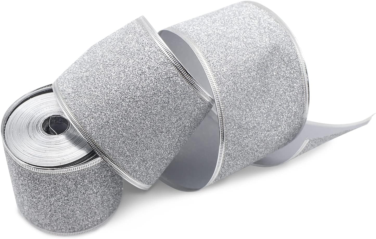 10m Silver Wired Glitter Christmas Ribbon, 63cm Metallic Wrapping Ribbon for Gift Wrapping, Wreath, Crafts, Christmas Tree & Wedding Decorations