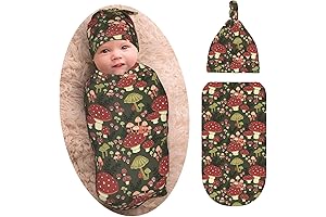 Mushroom Baby Swaddle Blanket and Beanie Set