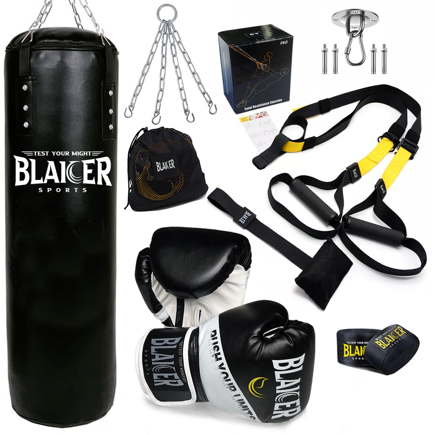 Sacco da Boxe non Imbottito Dotato di Guantoni da Boxe, Corda per Saltare, Bende da Boxe, Catena, Supporto e Sistema di Allenamento in Sospensione - Kit Completo per Palestra in Casa