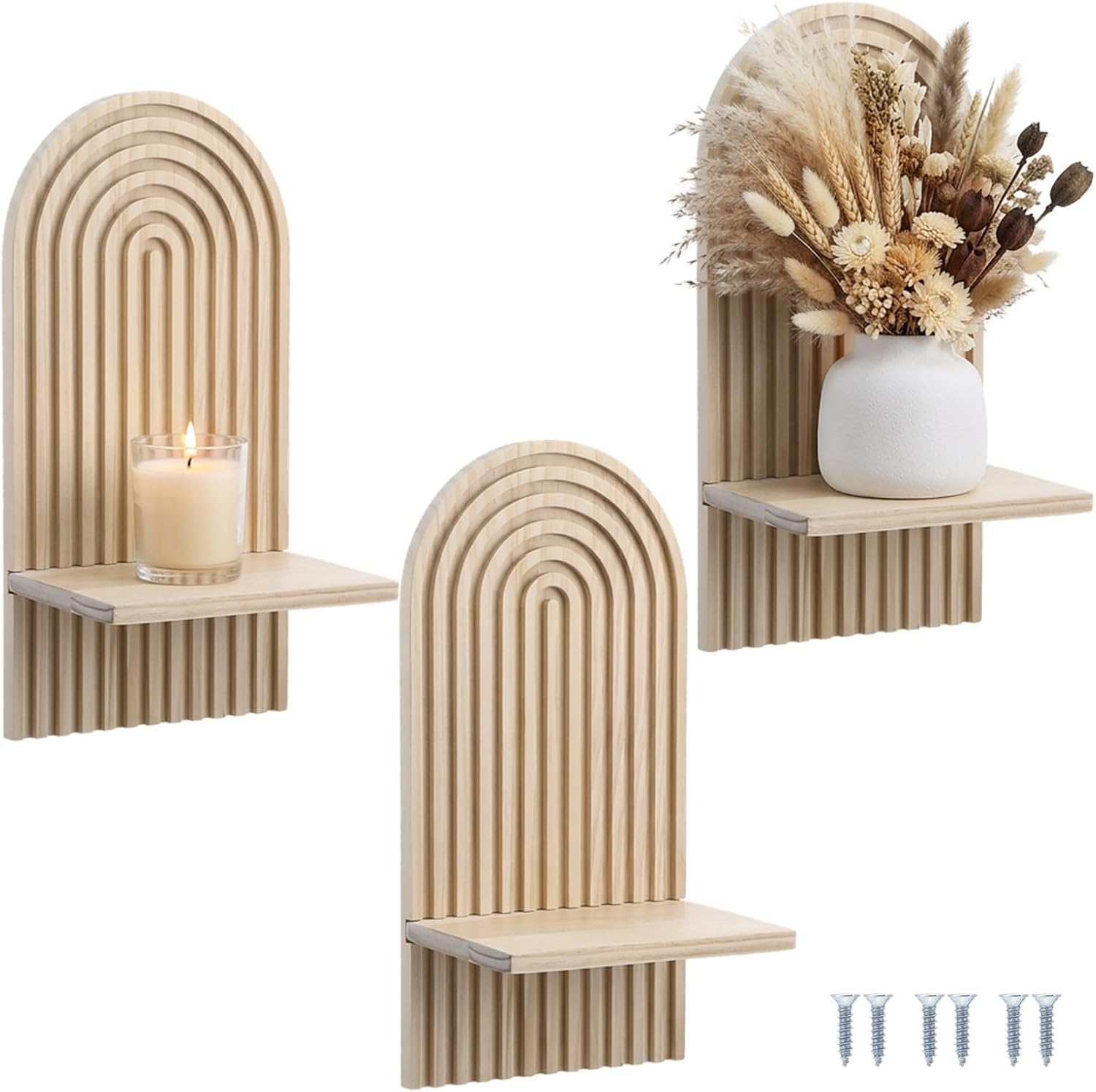 3 Pack Boho Wall Decor Set, 7” x 4.5” x 13.8” Natural Solid Wood Arch Wall Shelves, Mid-Century Modern 3D Hanging Shelves for Living Room, Bedroom, Bathroom, Farmhouse Candle Holder & Display