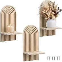 3 Pack Boho Wall Decor Set, 7 x 4.5 x 13.8 Natural Solid Wood Arch Wall Shelves, Mid-Century Modern 3D Hanging Shelves for Living Room, Bedroom, Bathroom, Farmhouse Candle Holder & Display