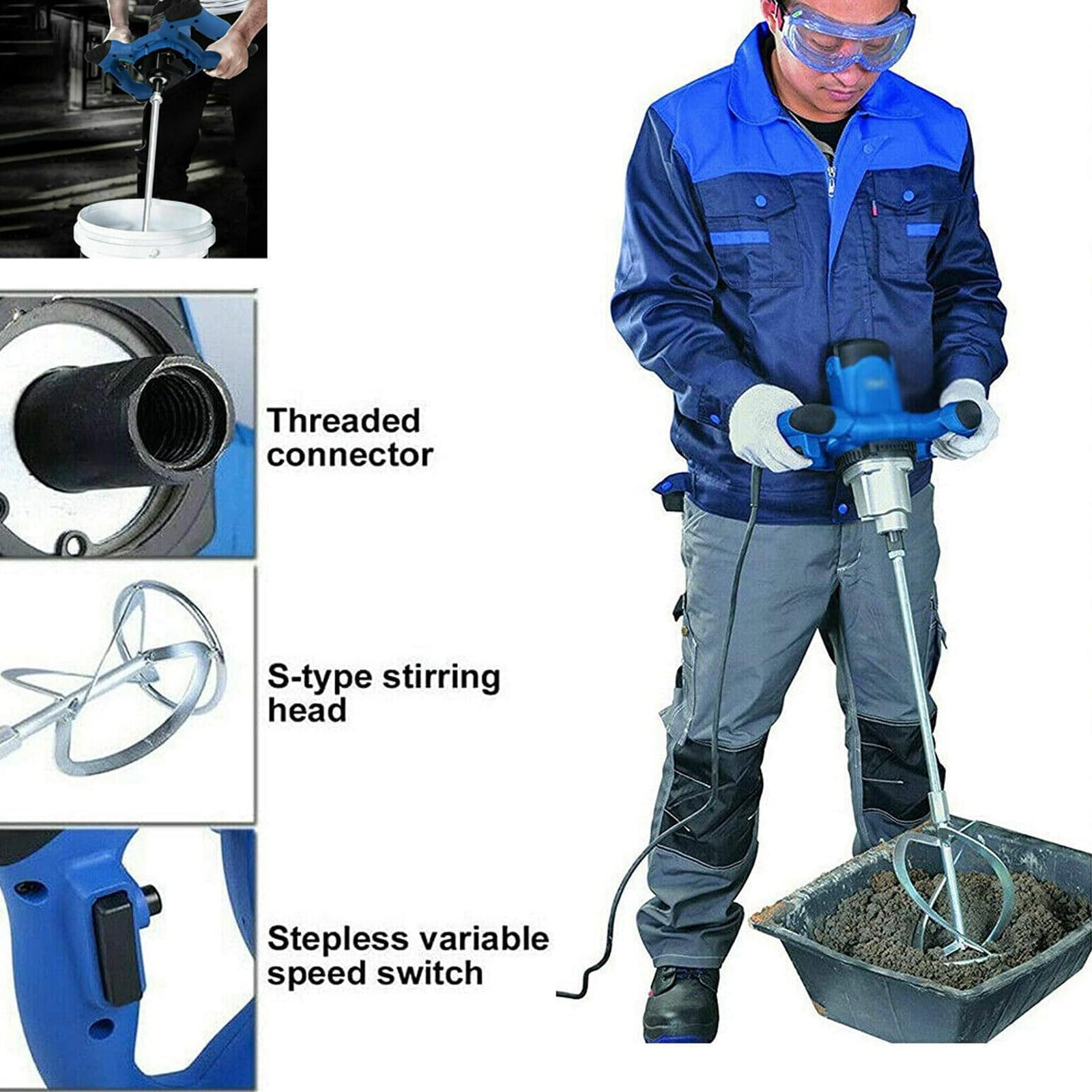 Bétonnière électrique portable - 1700 tr/min - 6 vitesses réglables - Tige filetée M14 pour mélanger le mortier et l'adhésif