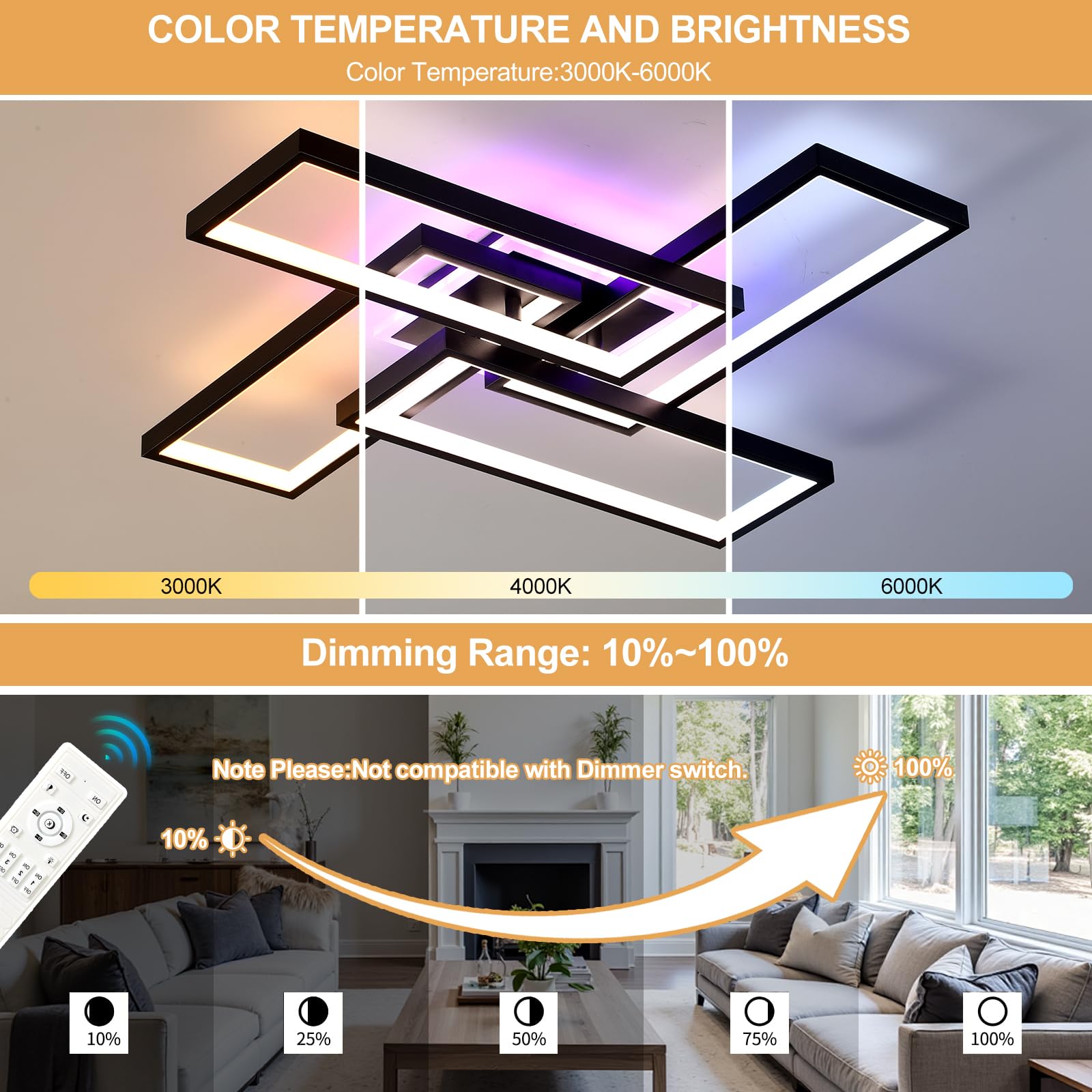 Plafoniera LED Soffitto 50W, Dimmerabile, 4 Rettangoli, Nero,3000LM | Lampadario Moderno 3000-6000K con Telecomando e APP, Luce RGB Sincronizzata per Soggiorno, Camera da Letto, Ufficio, Cucina