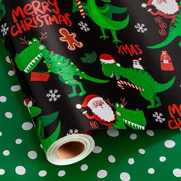 Yarcony Reversible Black Christmas Wrapping Paper for Kid, Funny Dinosaur and Santa Claus Pattern Christmas Gift Wrapping Paper for Kids Boys Men Holiday Gift Packaging Mini Roll, 17 Inch X 33 Feet
