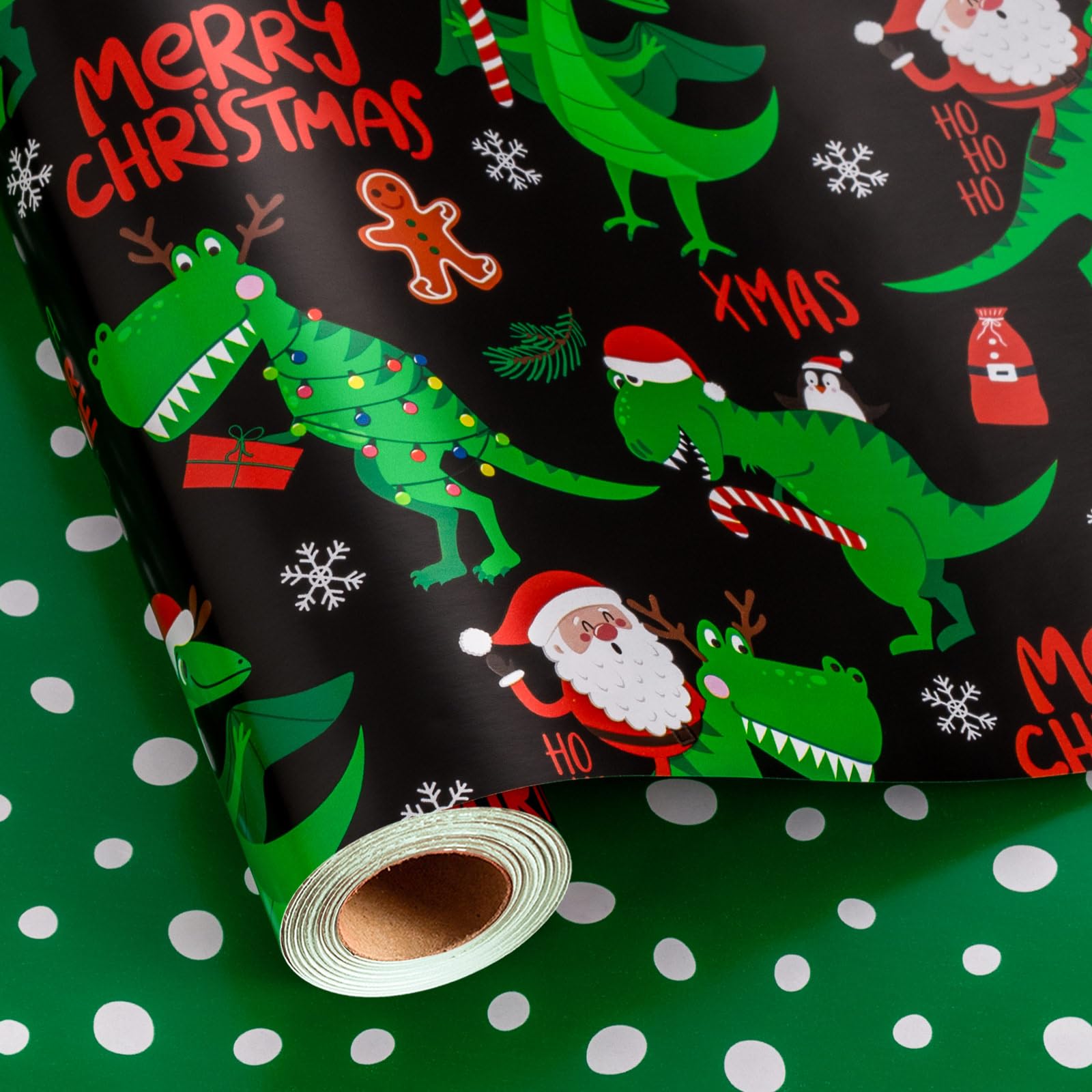 Yarcony Reversible Black Christmas Wrapping Paper for Kid, Funny Dinosaur and Santa Claus Pattern Christmas Gift Wrapping Paper for Kids Boys Men Holiday Gift Packaging (Mini Roll, 17 Inch X 33 Feet)