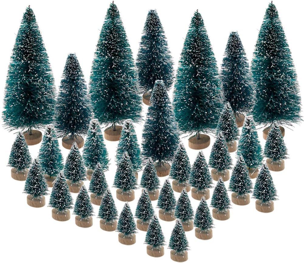 36PCS Mini Artificial Small Christmas Trees, Plastic Sisal Trees Bottle Brush Trees Snow Frost Ornaments with Wood Base for Christmas Home Party Table Top Decor Winter Crafts