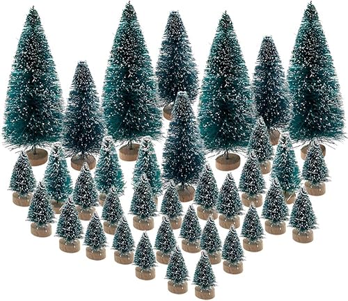 36 piezas de mini árboles de Navidad artificiales de plástico de sisal para botellas, árboles de nieve con base de madera para Navidad, hogar,