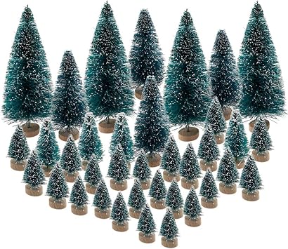 36PCS Mini Artificial Christmas Trees البلاستيك شجرات زجاجة شجيرات الثلج الصقيع مع قاعدة خشبية لعيد الميلاد الصفحة الرئيسية حفلة طاولة أعلى ديكور الحرف الشتوية