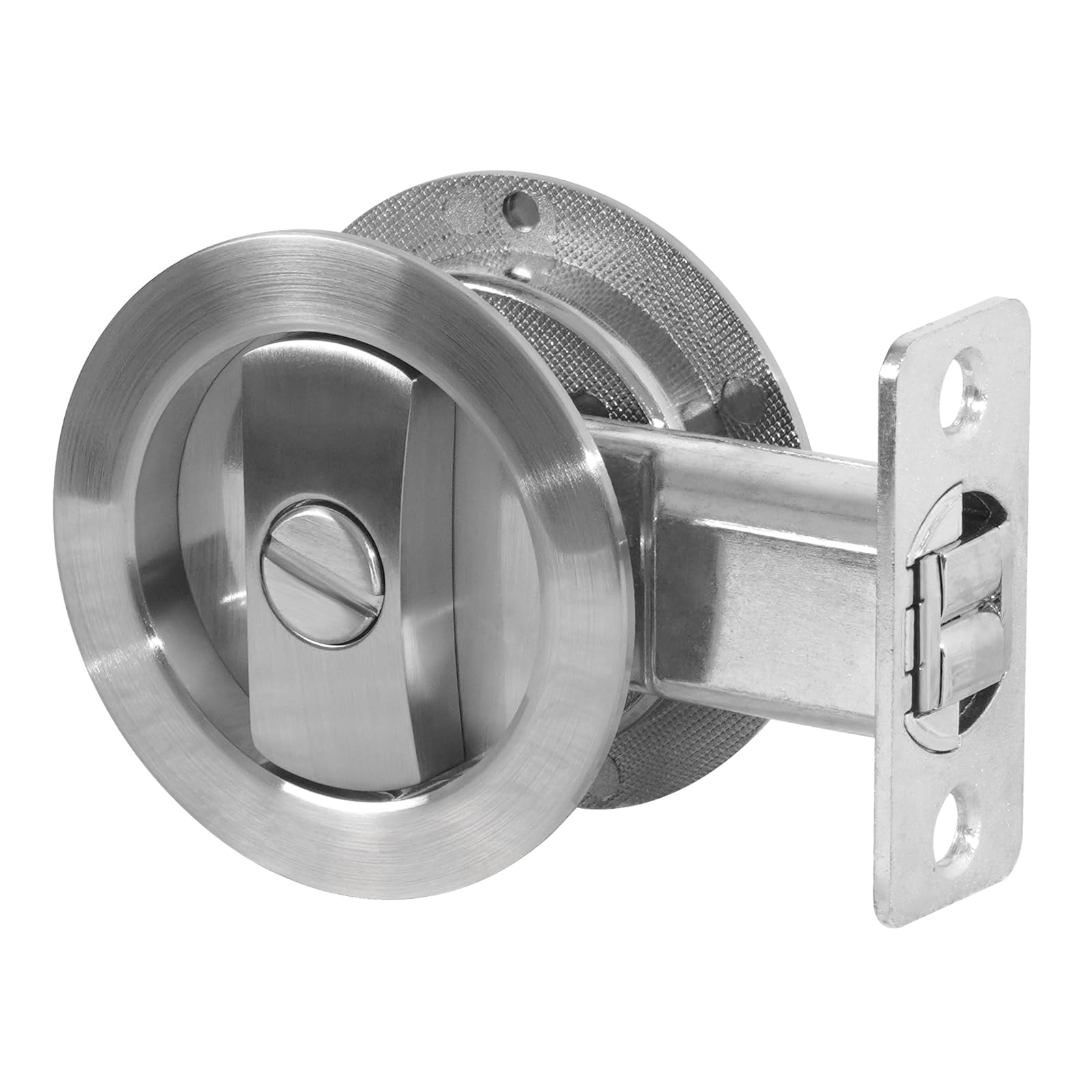 Pocket Door Lock, Pocket Door Hardware Commercial Grade, Round Brushed Nickel Pocket Door Lock for Bathroom, Bedroom Flush Pocket Door Latch Silver, 1 Pack