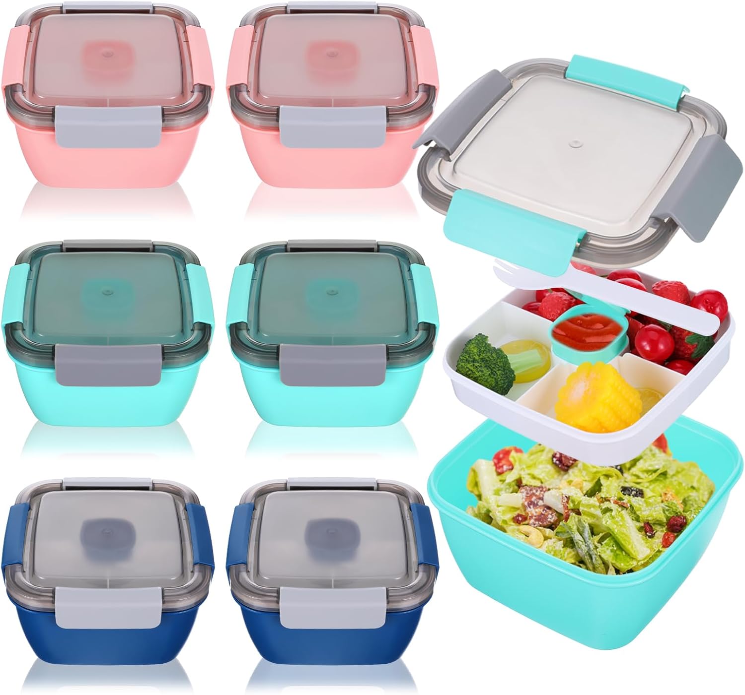6 Pack Salad Bento Box for Lunch, Reusable 50 Oz Salad Lunch Container, Stackable Salads Dressings Containers, Lunchs Bowl with 3 Compartments and Sauce Cup Spoon, for Women Men Adult Meal Snack Fruit
