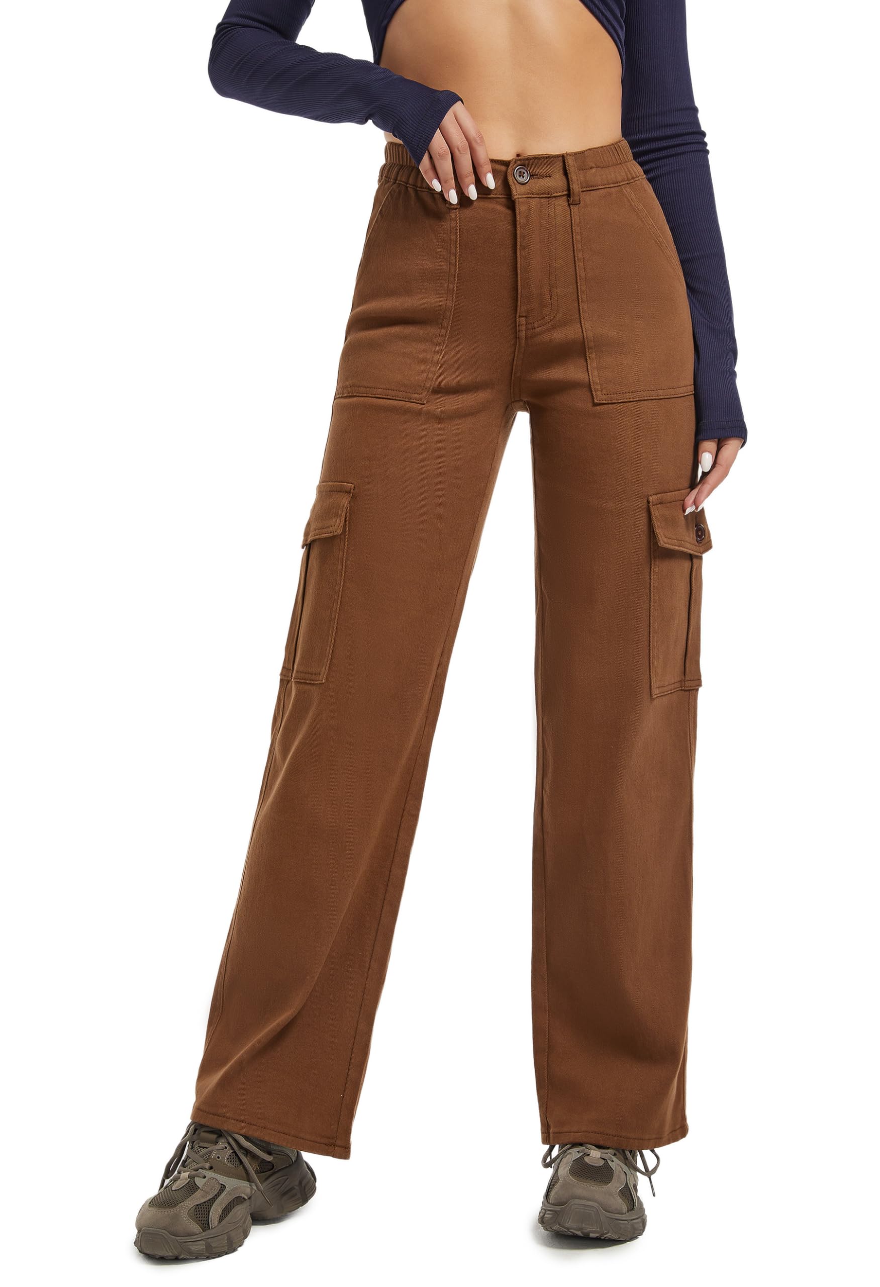 Aodrusa Brown Pants for Women High Waisted Stretch Straight Leg Cargo Pants with Pockets Trendy Trousers