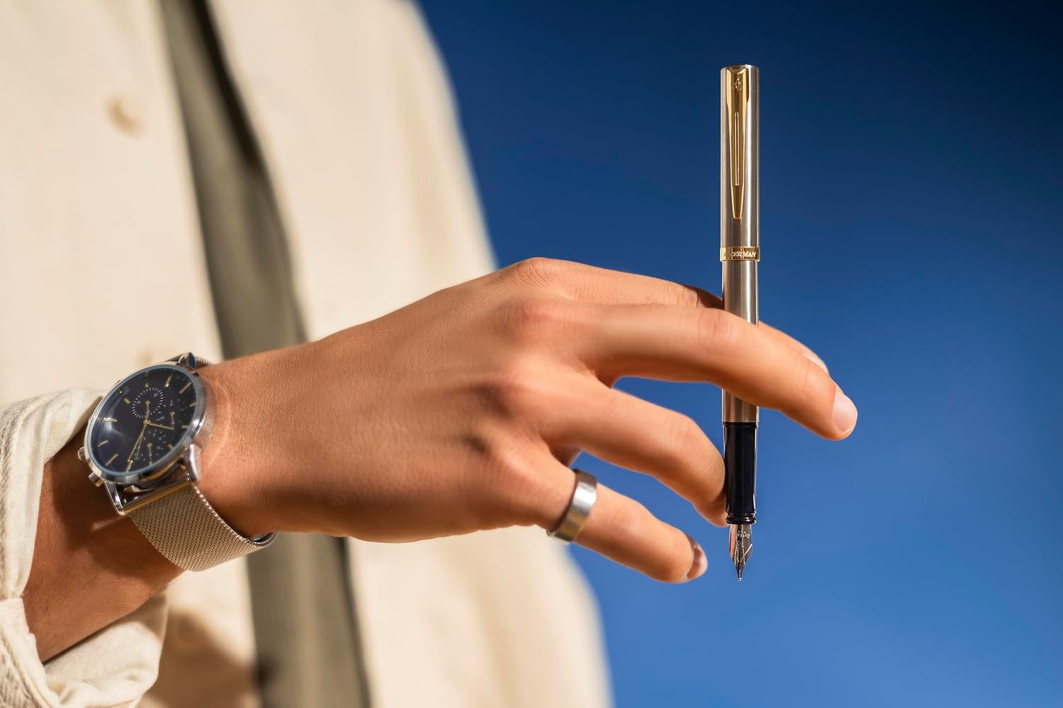 Waterman Impression Fountain Pen | Stainless Steel with Gold Trim | Medium Nib | Blue Ink | Gift Box