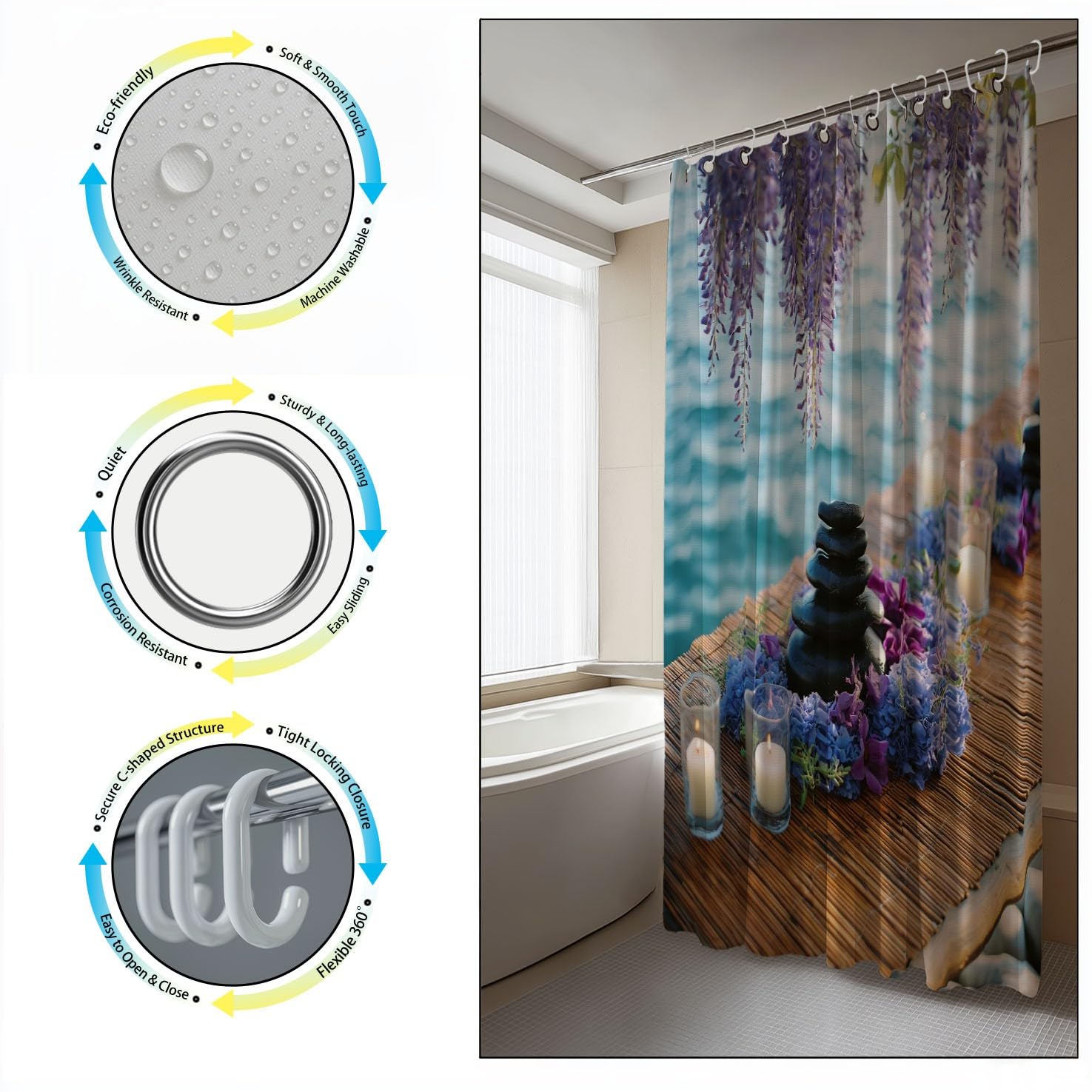 Generico Zasłona prysznicowa 240 x 200 cm, 1 sztuka z mikrofibry, wodoodporna i odporna na pleśń, zmywalna, do łazienki lub wanny, z oczkami i haczykami, fioletowy, luźny, bambusowy dywan kwiaty