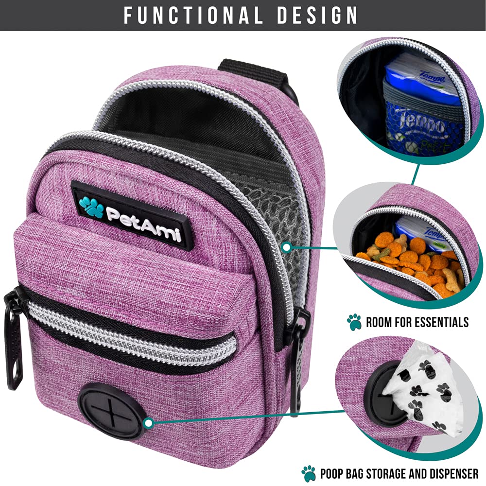 PetAmi Soporte para bolsas de excrementos de perro, dispensador de bolsas de basura para mascotas con clip para perros, accesorios para caminar, viajes, camping, bolsa de golosinas para perros,